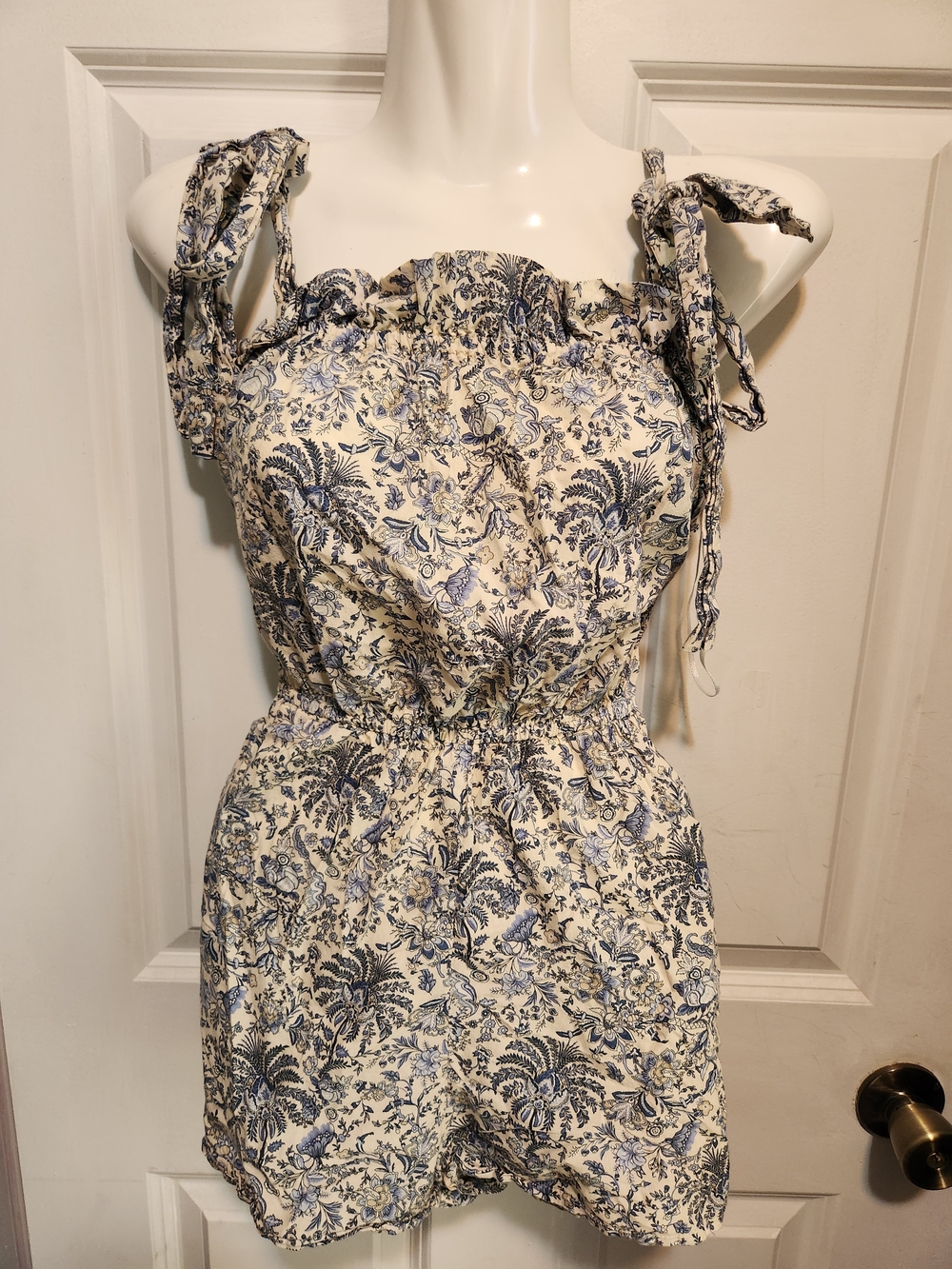 H&M Cream Romper with Blue Floral Print and Tie Shoulders